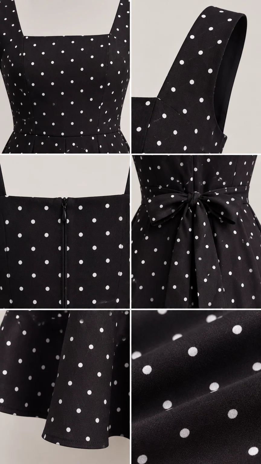 Close-up details of square neckline, wide straps, back zipper, and polka dot fabric
