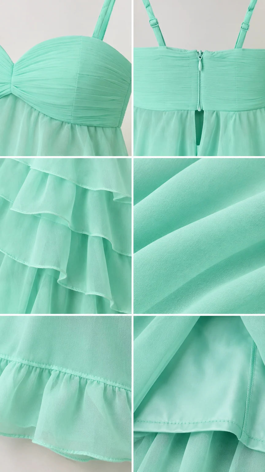 Close-up details of neckline, back zipper, ruffle tiers, and lining in Mint Green