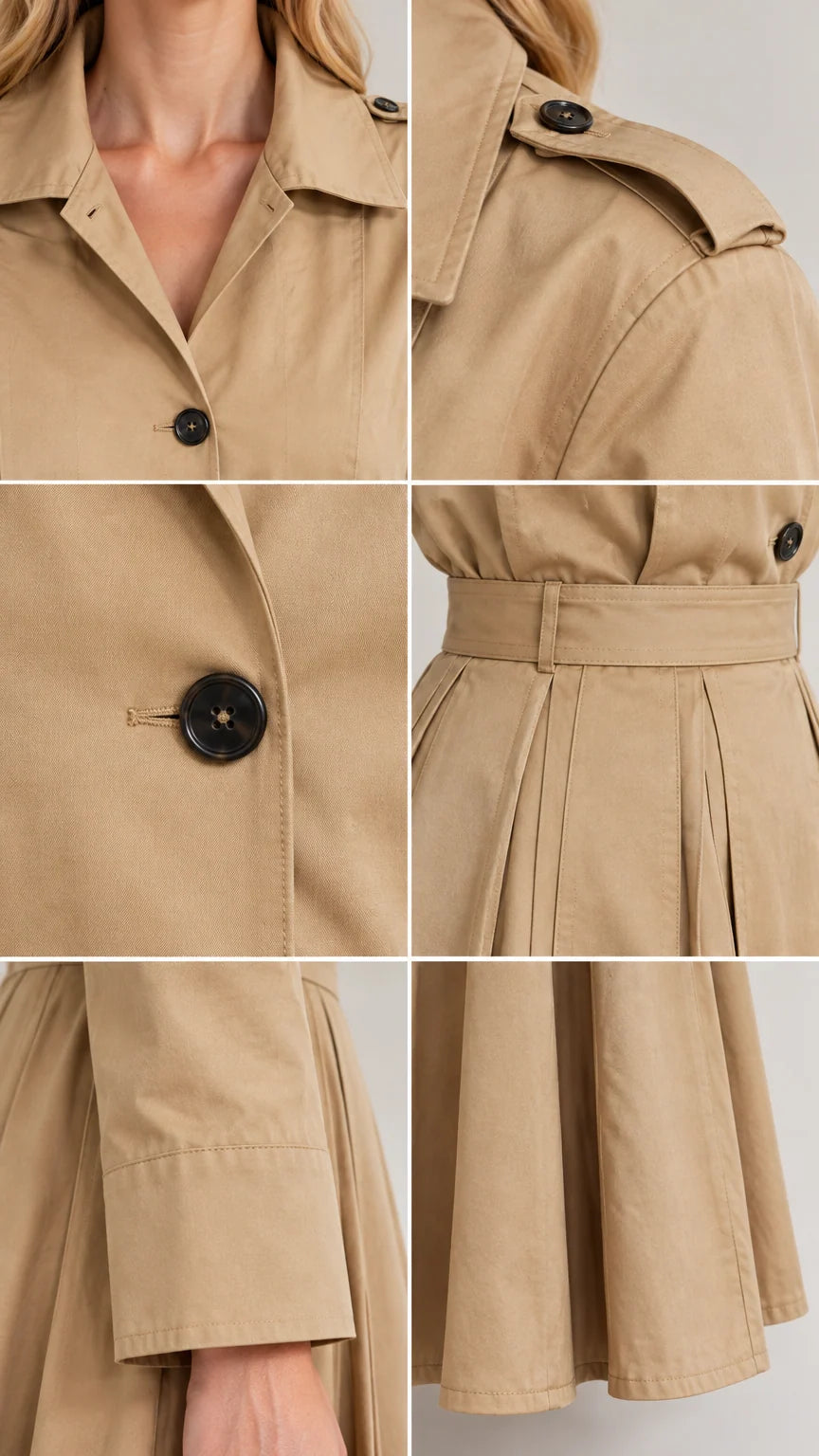 Close up details of lapel collar, epaulet buttons, waistband, and hem on khaki trench dress