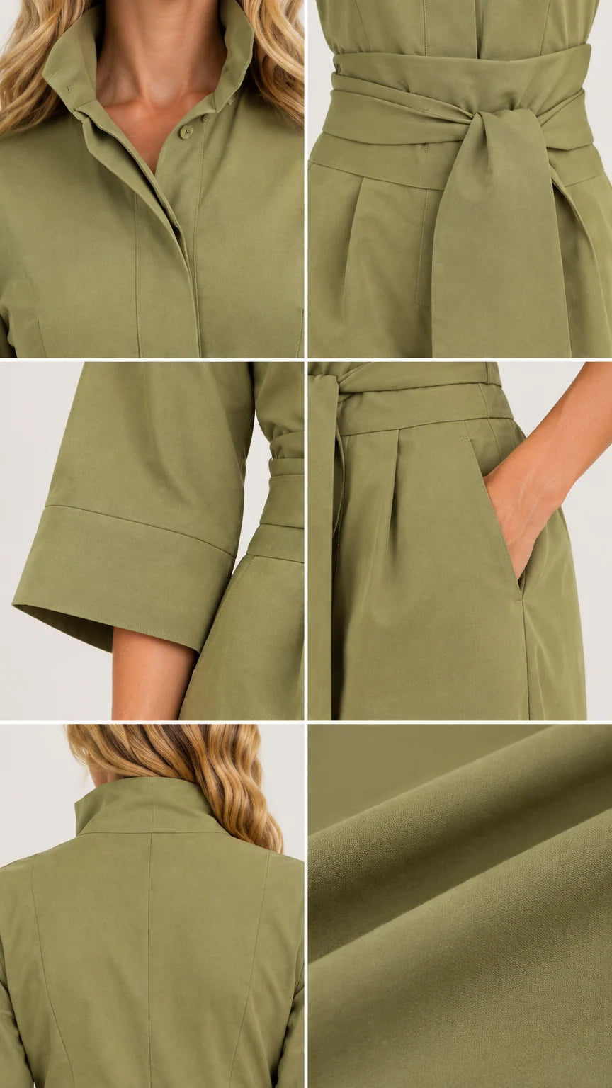 Close-up details of collar, waist tie, cuff, side pocket, and fabric texture on olive green jumpsuit