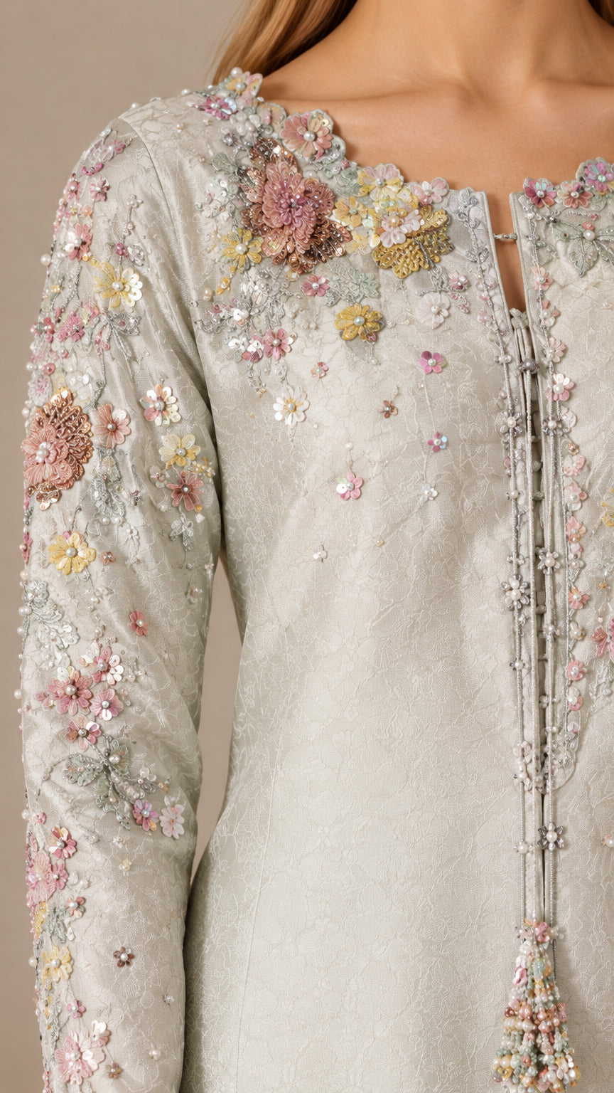 Close-up of intricate 3D floral embroidery, sequins, and tassel details on silver dress