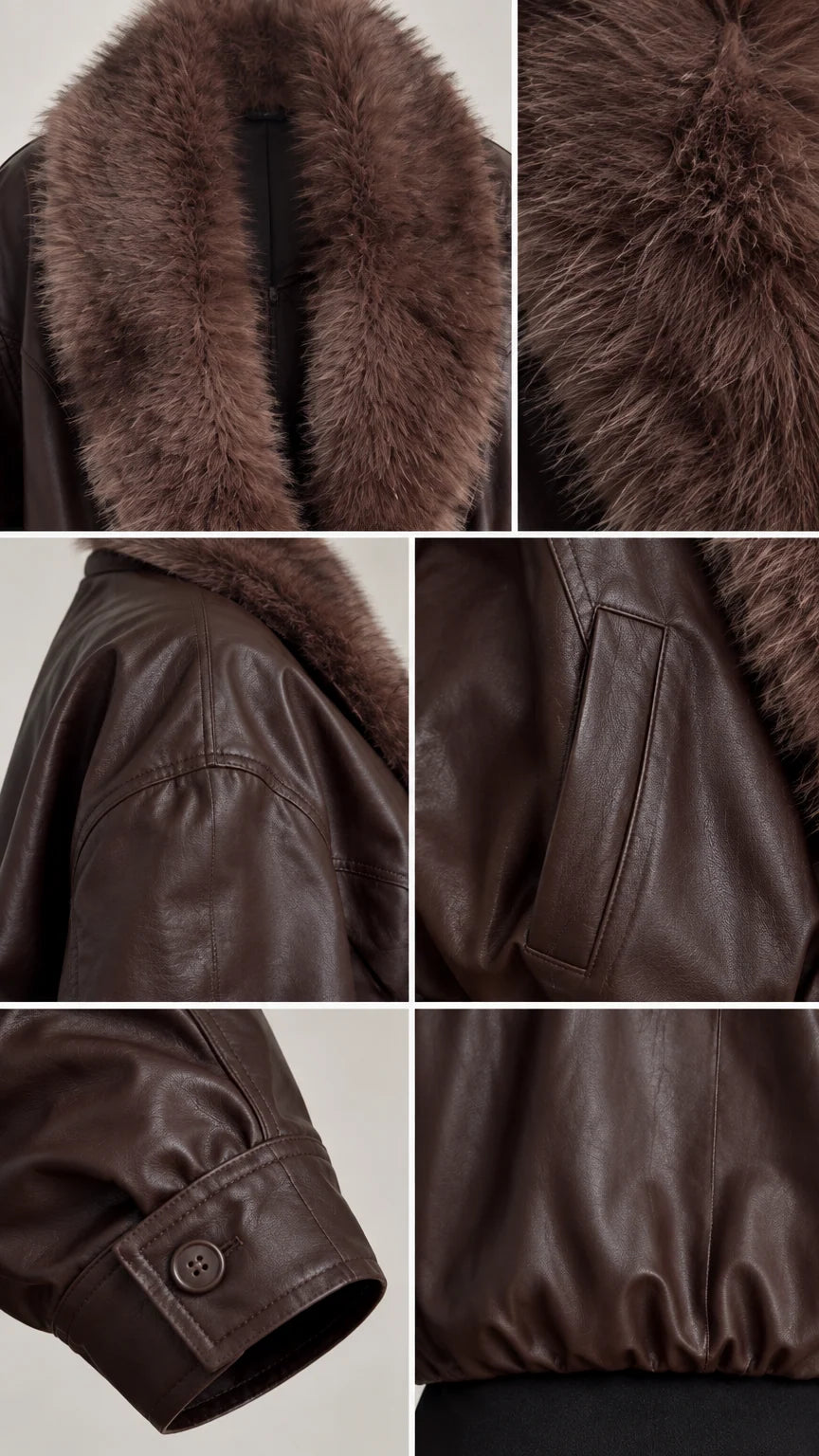 Close-up details of faux fur collar texture, leather grain, welt pocket, and button cuff