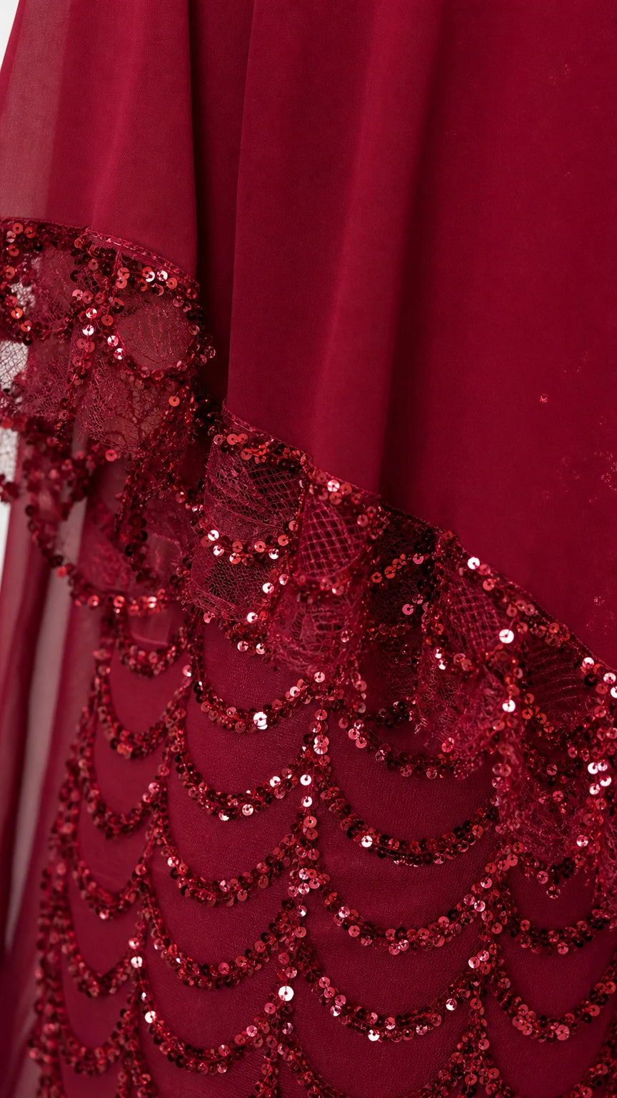 Close-up detail of scalloped sequin embroidery and sheer chiffon trim