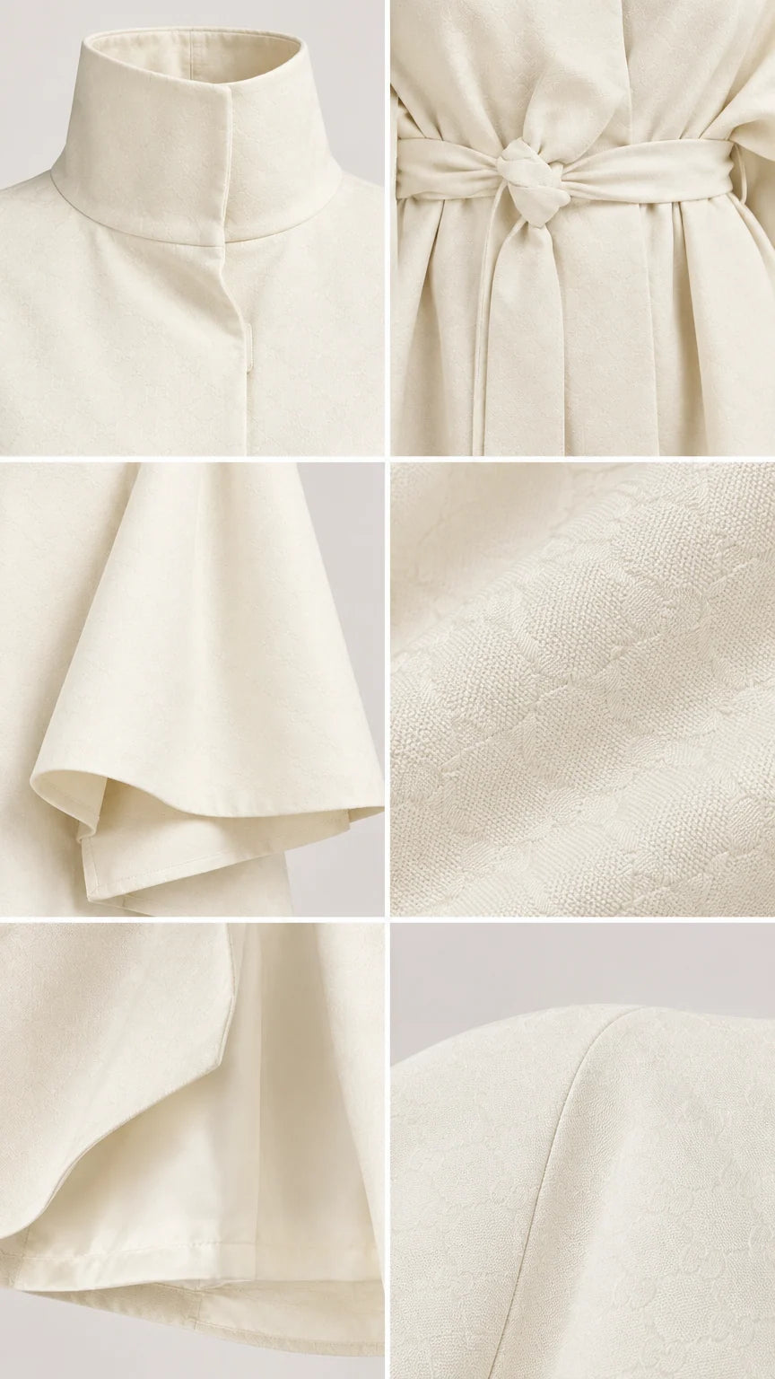 Close-up details of collar, belt tie, and fabric texture of cape set