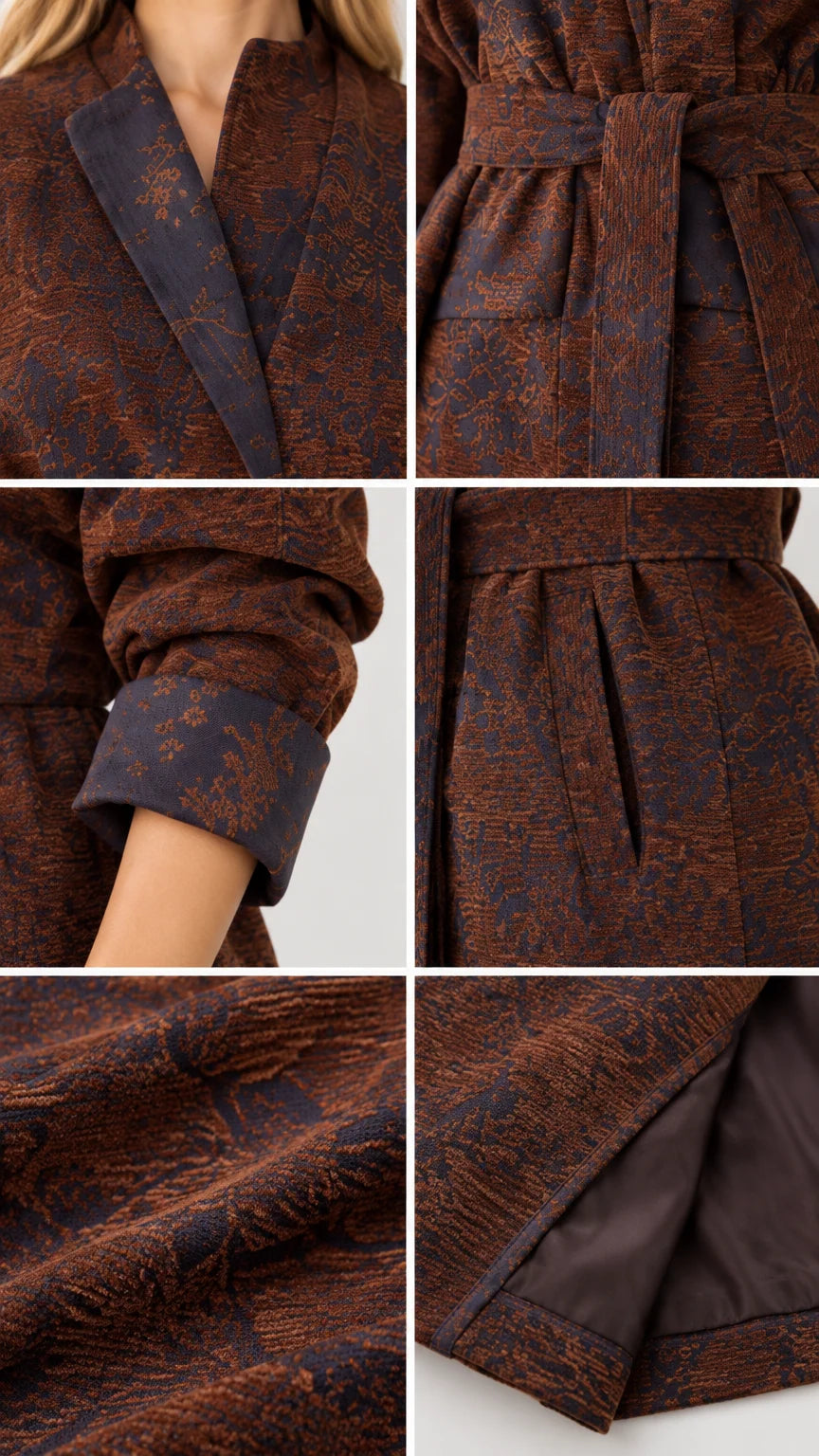 Close-up details of rust brown jacquard collar, fabric weave, pockets, and lining