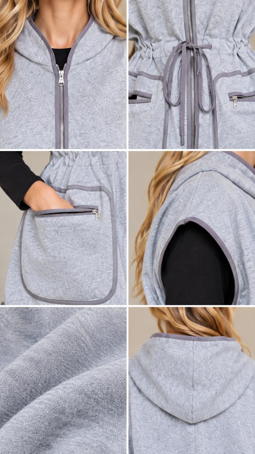 Close-up details of front zipper, waist drawstring, zip pocket with contrast trim, and soft knit texture