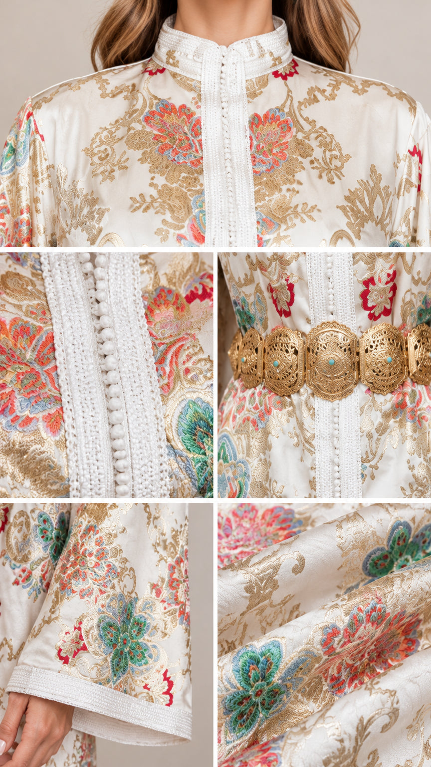 Close-up details of collar, front braid trim, sleeve cuffs, and gold belt