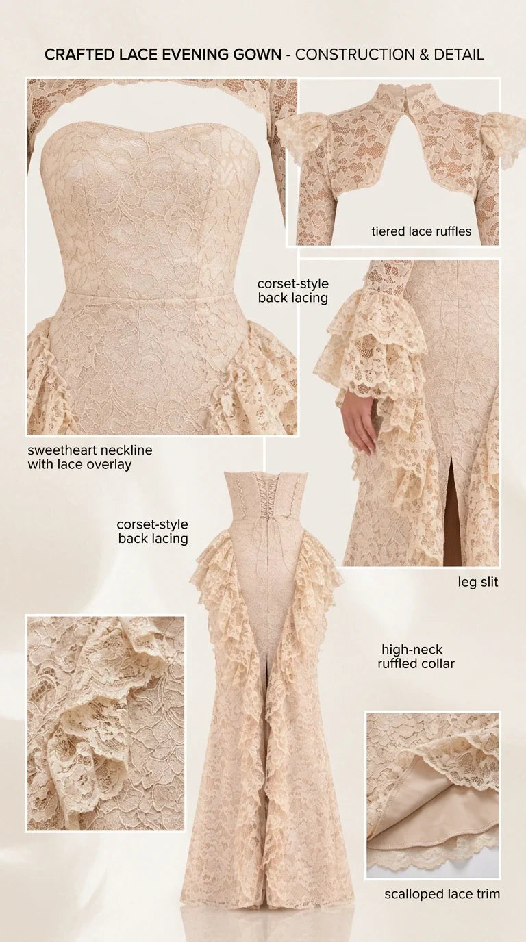 Close-up construction details of the sweetheart neckline, tiered ruffles, and corset back