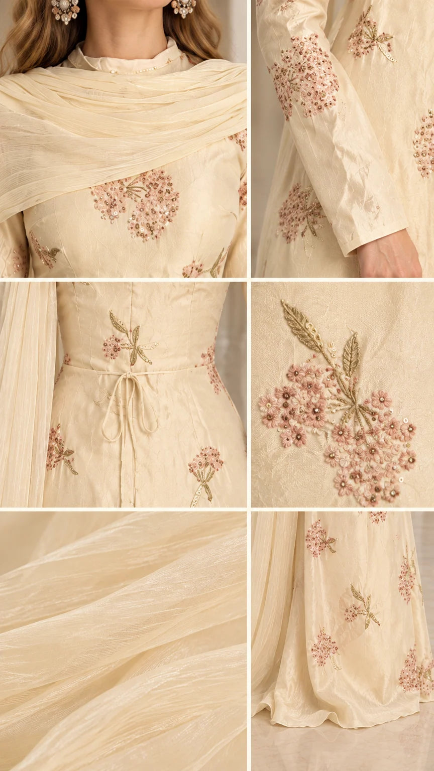 Close up detail shots of neckline, sleeve embroidery, and waist tie