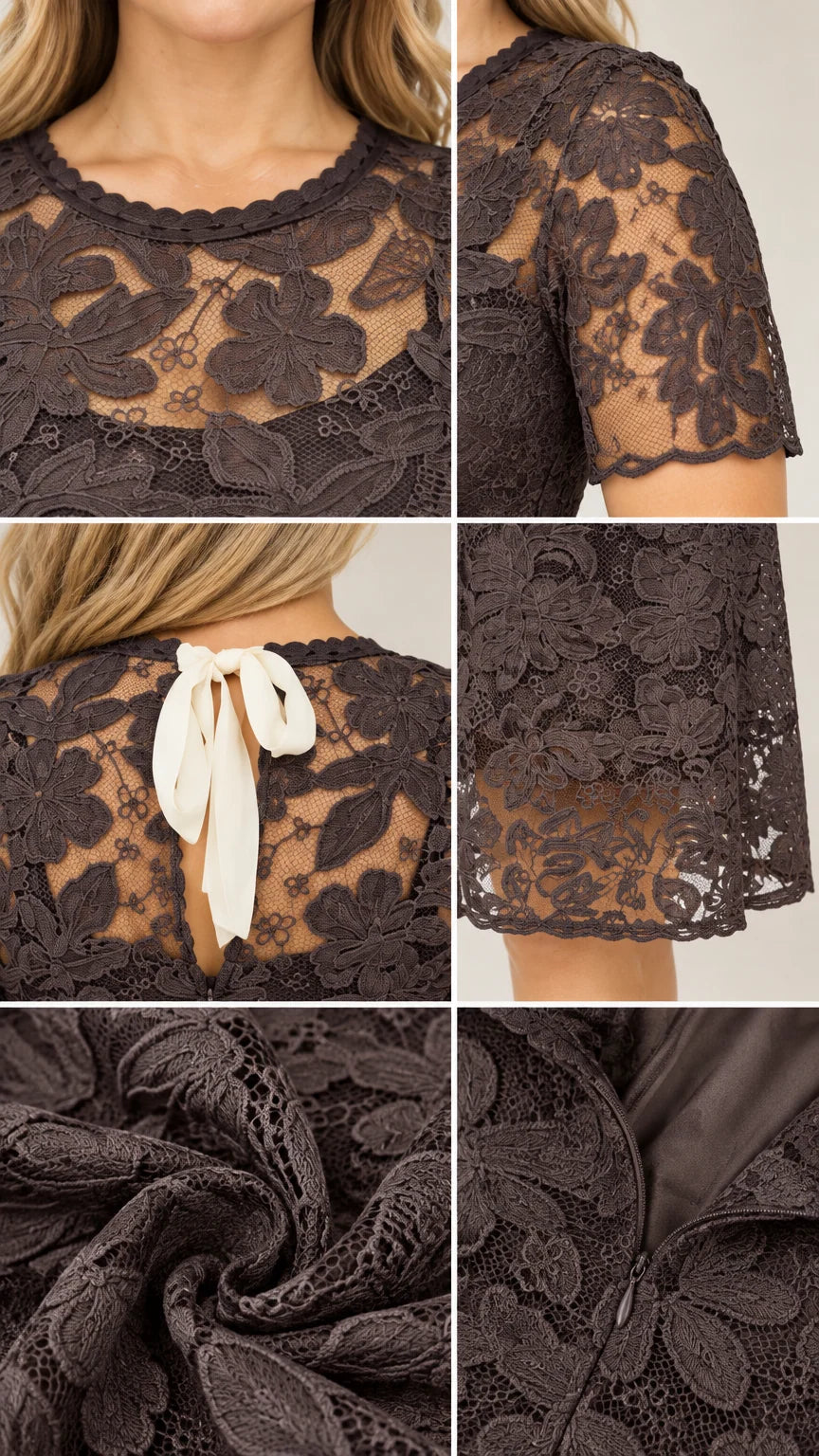 Close-up details of lace neckline, sleeves, back ribbon bow, and fabric texture
