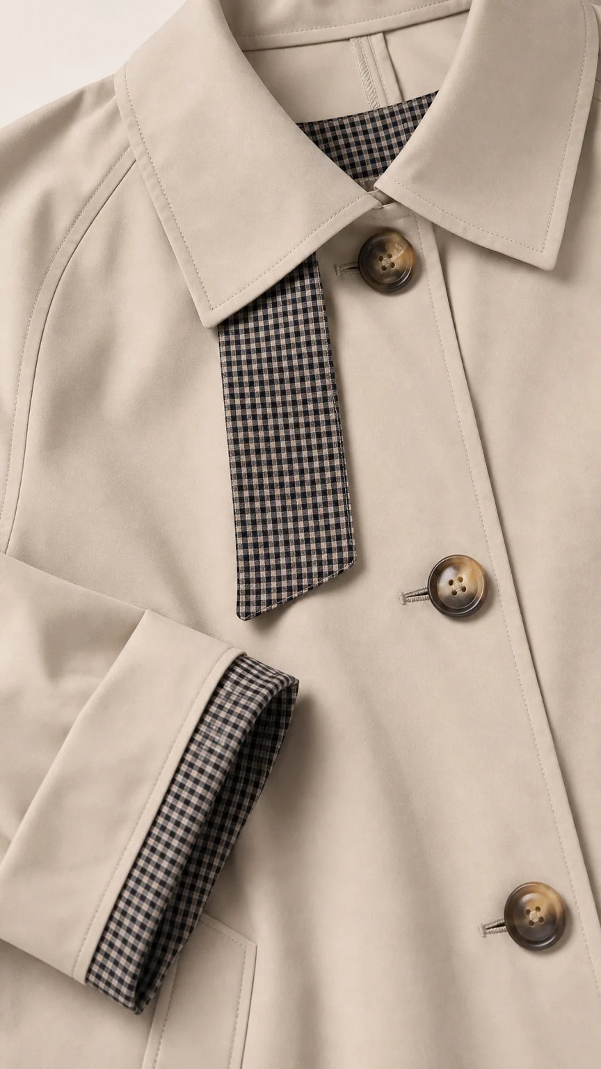 Close-up detail of collar houndstooth tab and check-lined turned cuffs on beige jacket