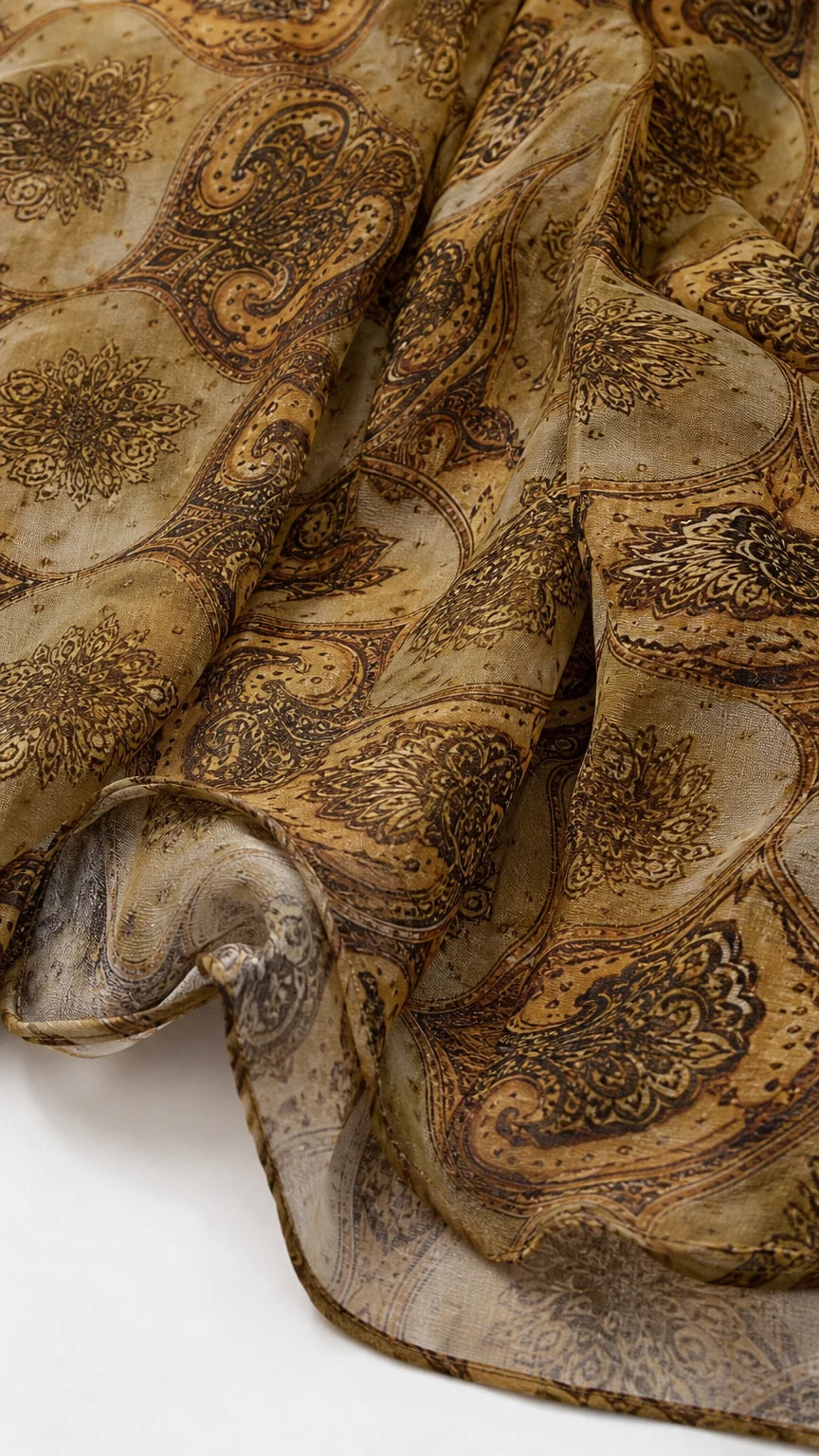 Close-up of lightweight olive paisley fabric texture