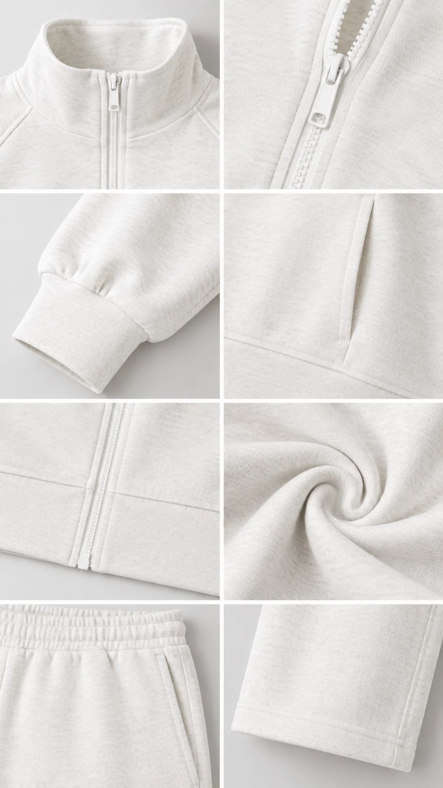 Close-up details of collar zipper, ribbed cuff, pocket, waistband, and soft fabric texture