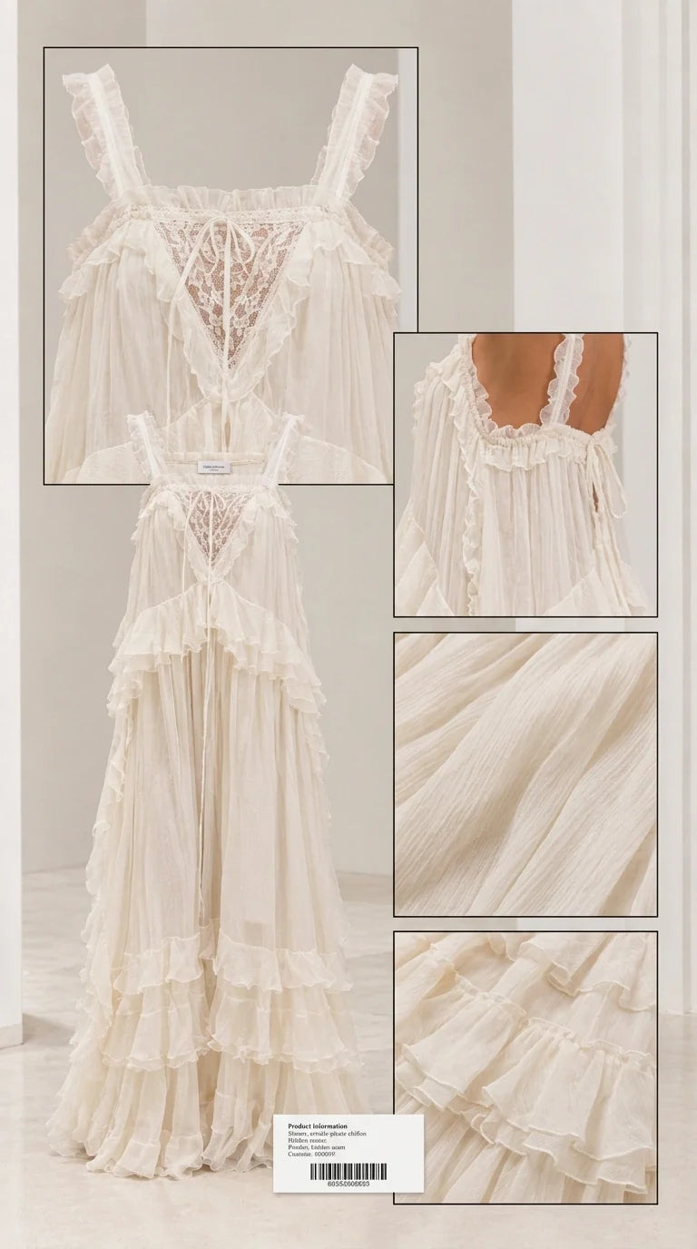 Flat lay and detail close-up of ivory lace bodice and ruffled chiffon fabric