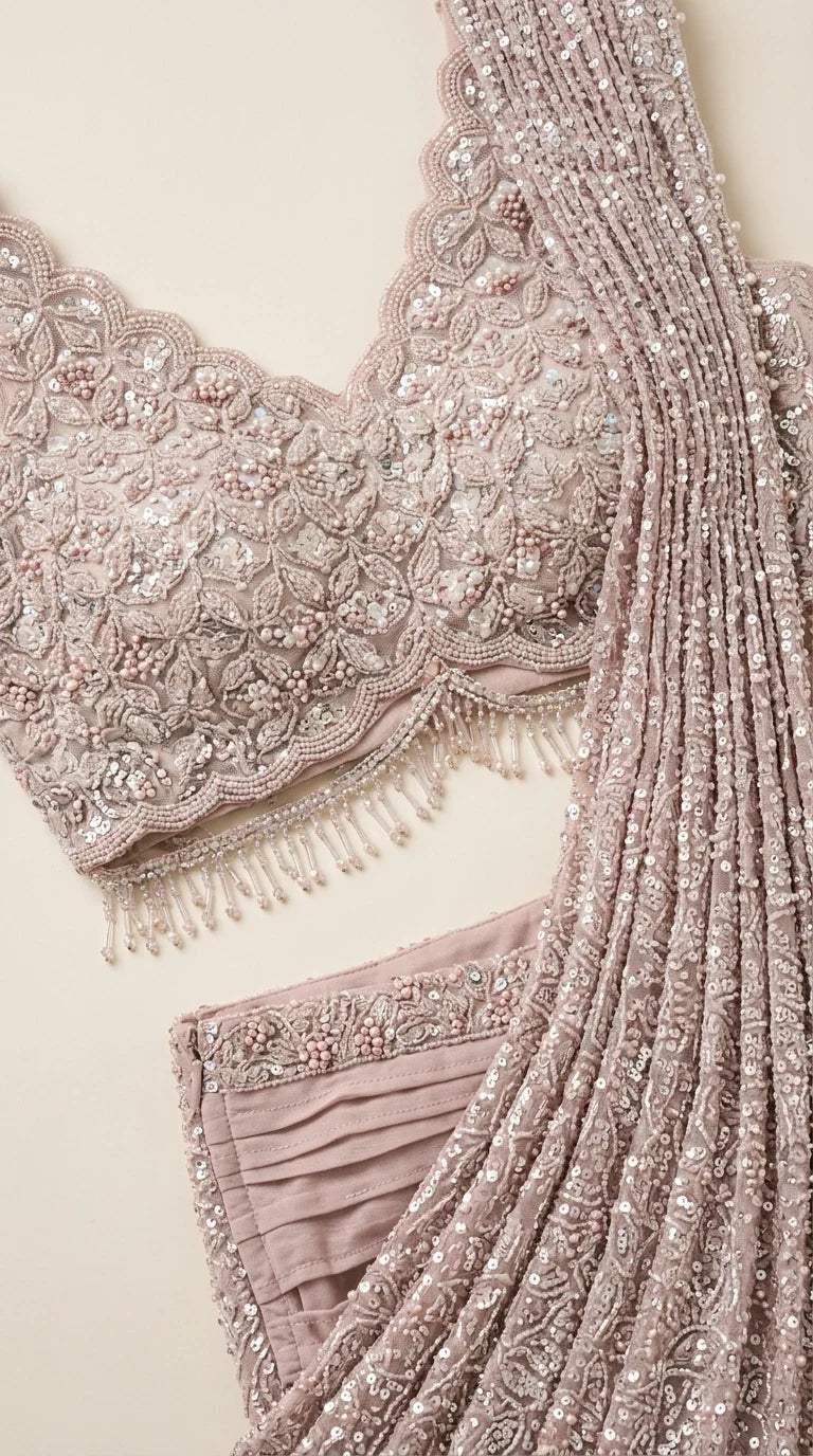 Close-up detail of beaded floral embroidery, scalloped hem, and sequined pleats