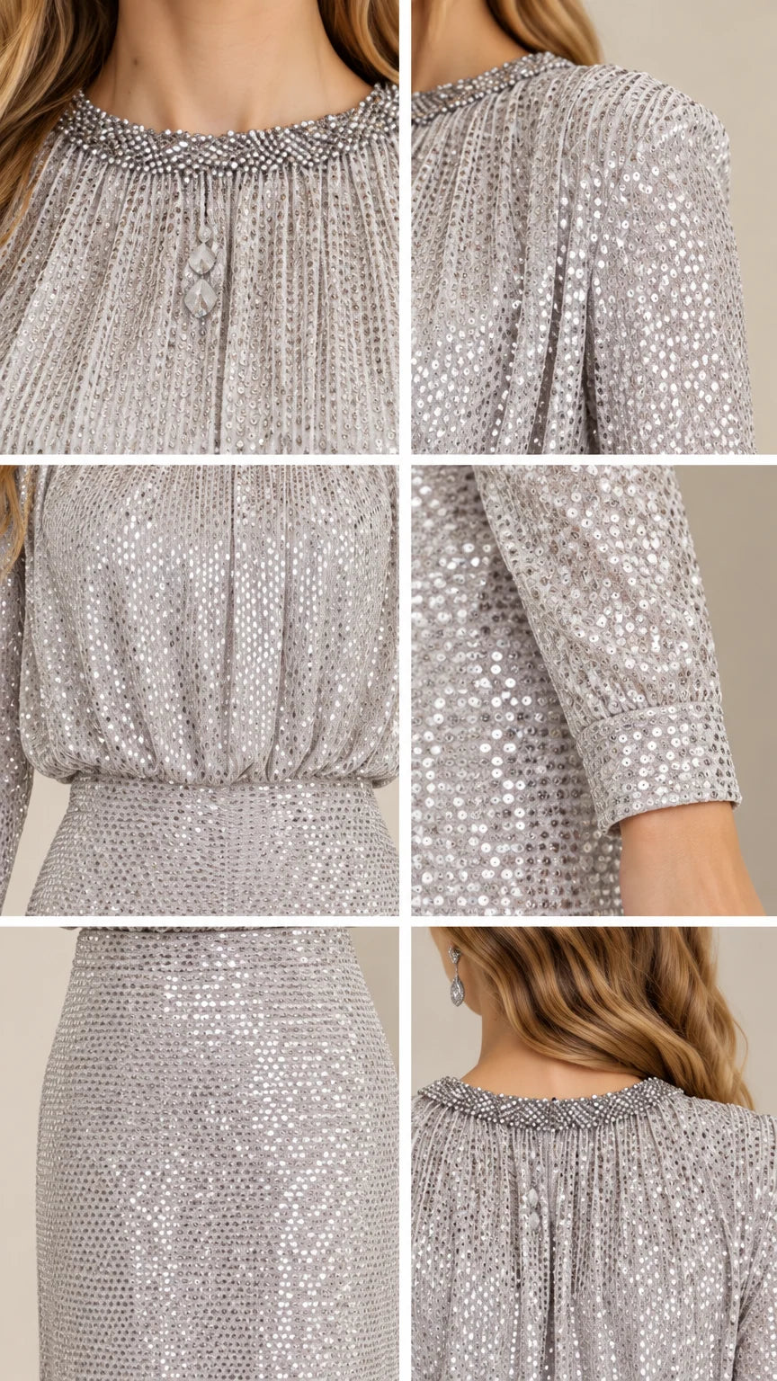 Close-up details of the beaded neckline, sequin texture, sleeve cuffs, and waistband