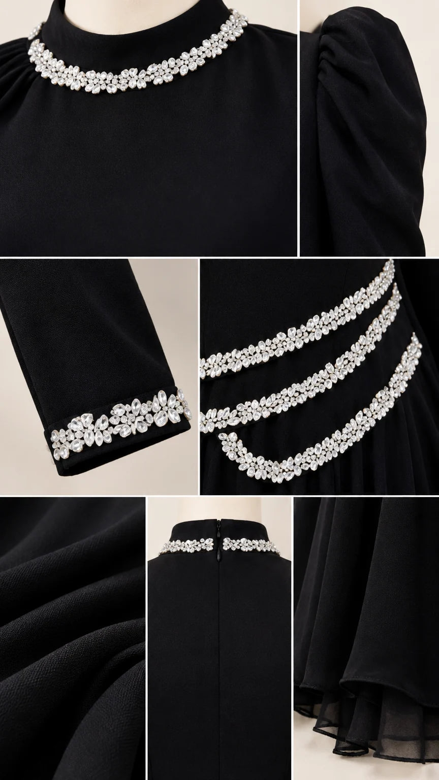 Close-up details of rhinestone neckline, cuffs, and waist embellishments