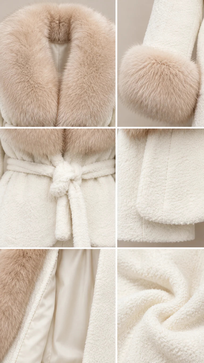 Close-up details of plush faux fur collar, cuffs, tie belt, and fabric texture