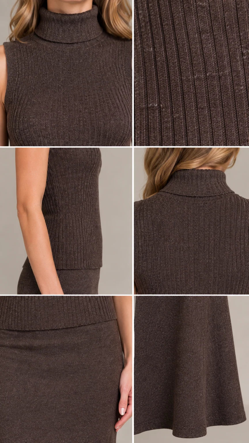 Close-up detail collage showing ribbed knit texture, turtleneck, and skirt hem