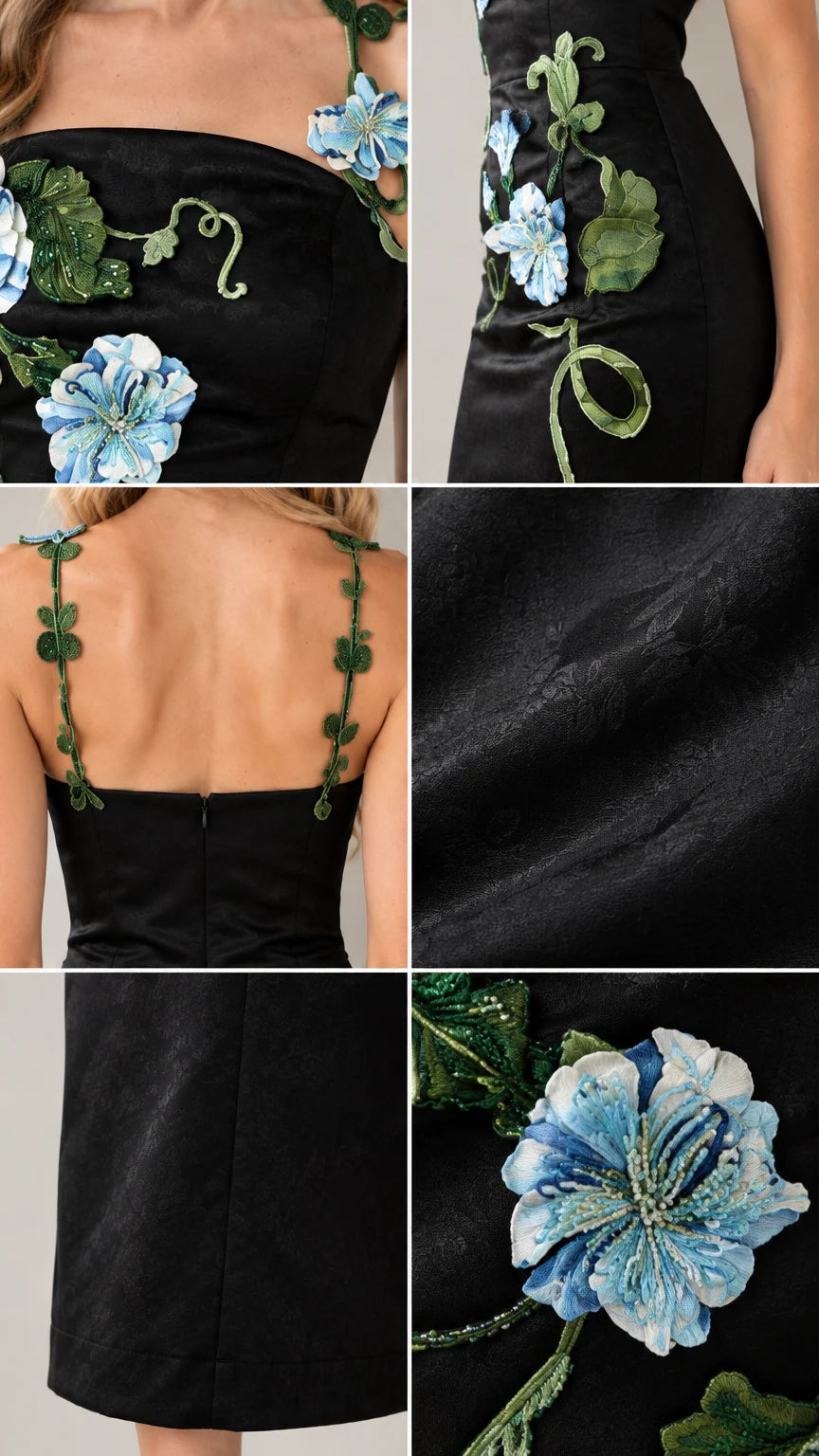Detailed close-up collage of 3D floral embroidery, straps, and satin fabric texture