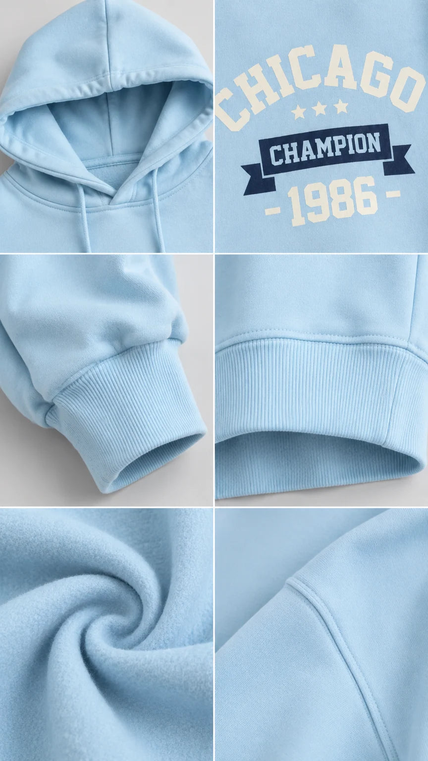 Detailed close-up views of Light Blue hoodie hood, graphic lettering, ribbed cuffs, and soft fabric