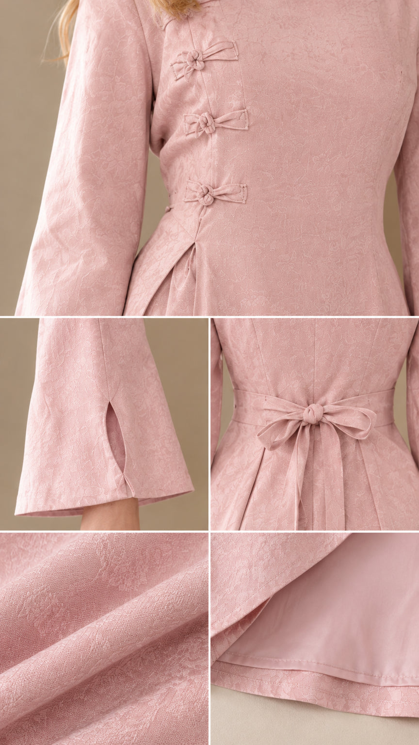 Close-up details of decorative frog knot buttons, split sleeve cuffs, and textured jacquard weave