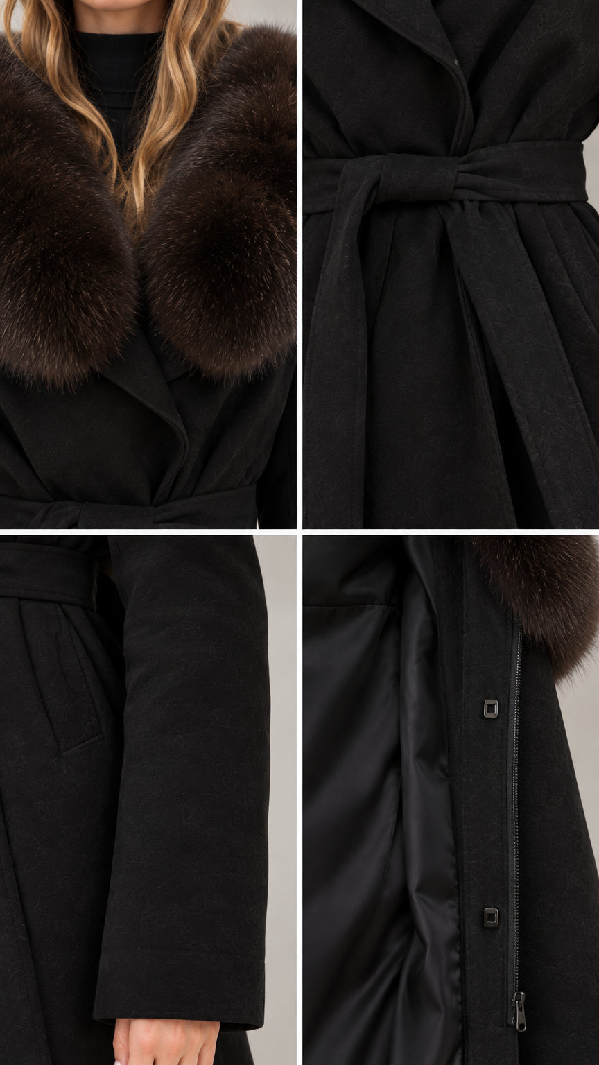 Close-up details of faux fur collar, waist belt, sleeve cuff, and inner lining closure
