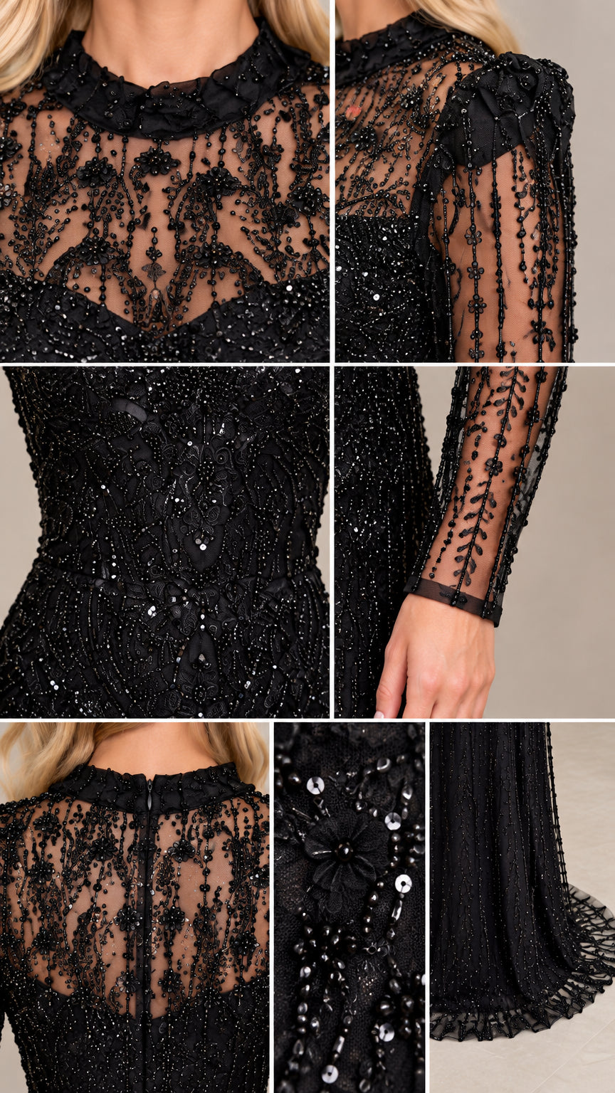 Close-up details of sequin embroidery, beaded cuff, and high neckline