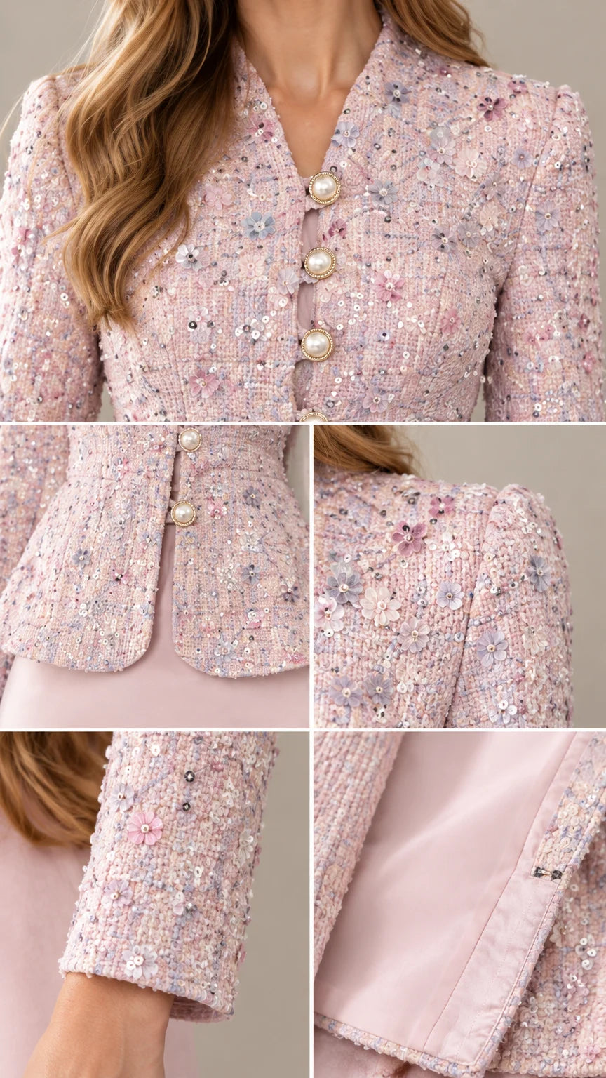 Close-up details of sequin floral tweed fabric, pearl buttons, and sleeve cuff on peplum jacket