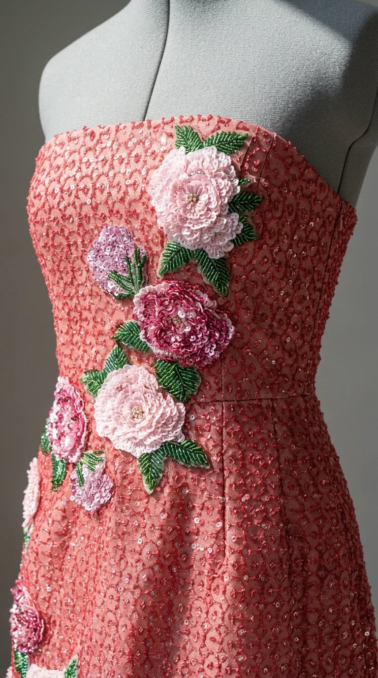 Close-up detail of floral appliques and beadwork