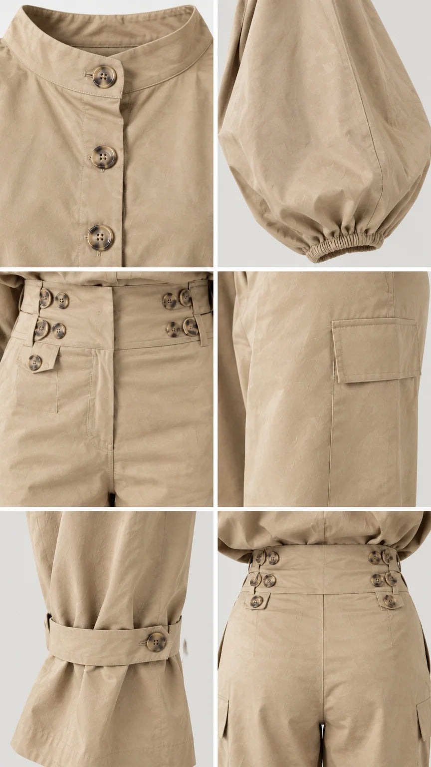 Close-up details of collar, button waistband, cargo pocket, and ankle tabs