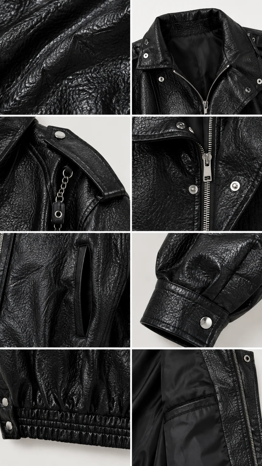 Close-up details of black faux leather texture, collar, shoulder epaulettes, zipper, and lining