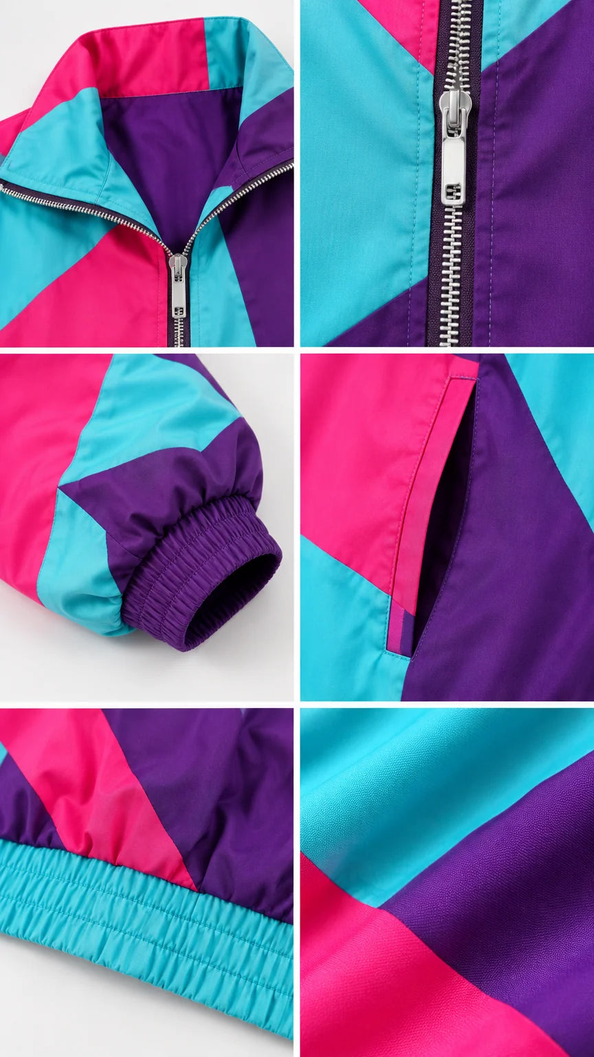 Close-up details of collar zipper, cuff elastic, side pocket, and smooth fabric texture