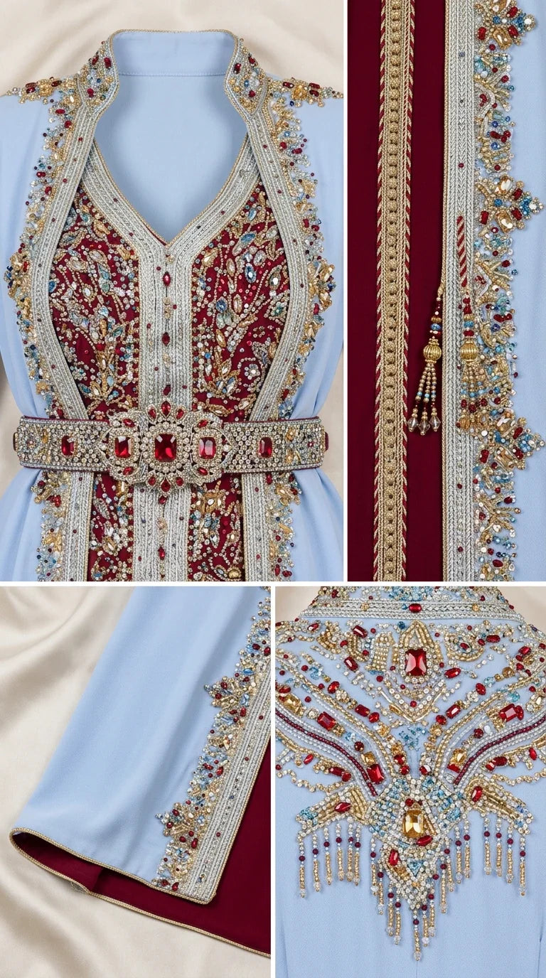 Detailed close-up of intricate beading, crystal embroidery, and belt on Moroccan Kaftan
