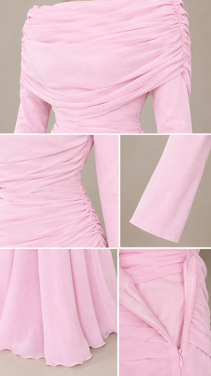Close-up details of ruched bodice, cowl drape, sleeve cuff, and zipper