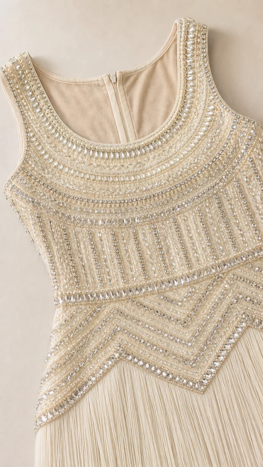 Close-up detail of rhinestone bodice and scoop neckline on Champagne dress
