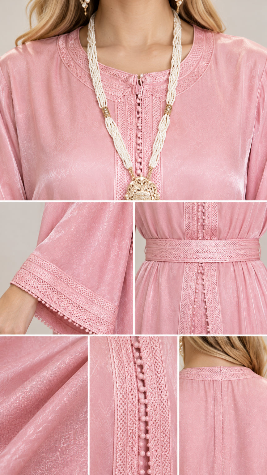 Detailed close-up of embroidery trim, cuffs, fabric texture, and neckline on kaftan dress