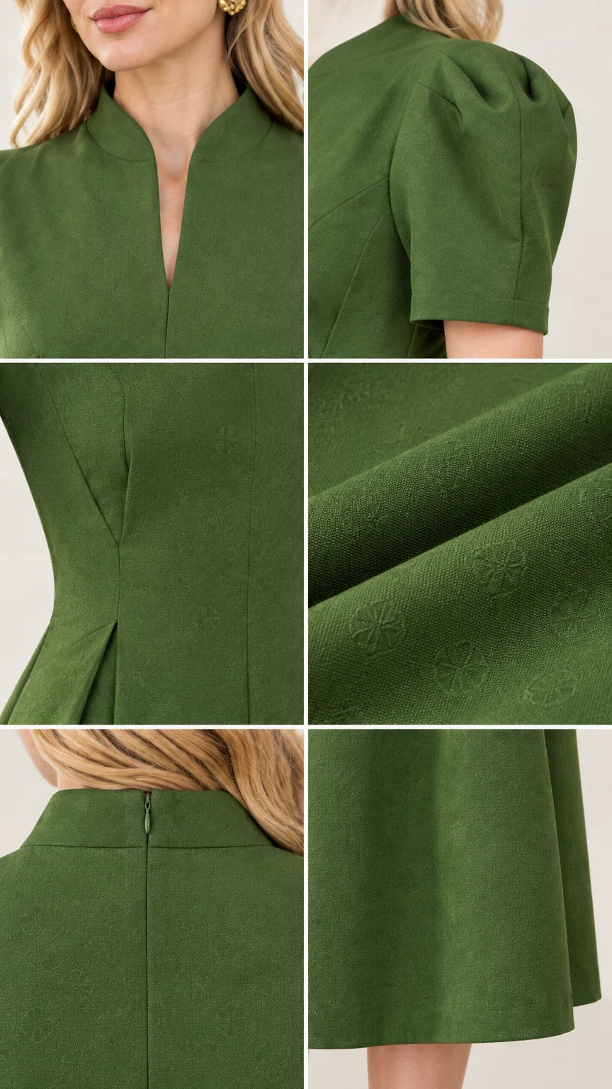Close-up details of olive green dress showing neckline, sleeve, fabric texture, and waist darts