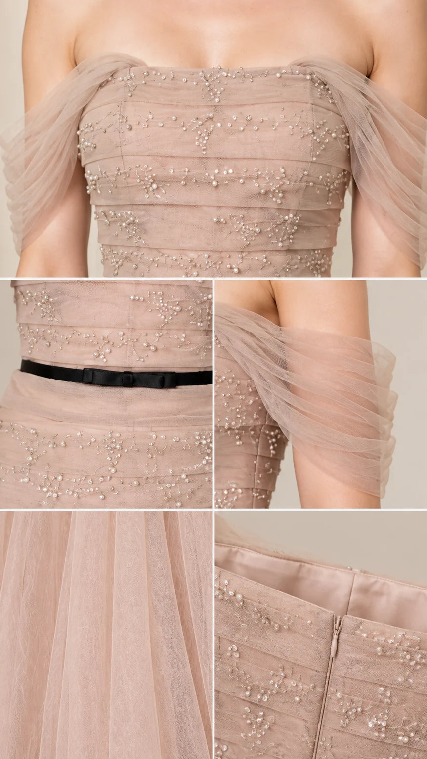 Close-up details of beaded ruched bodice, tulle sleeve drape, and zipper closure