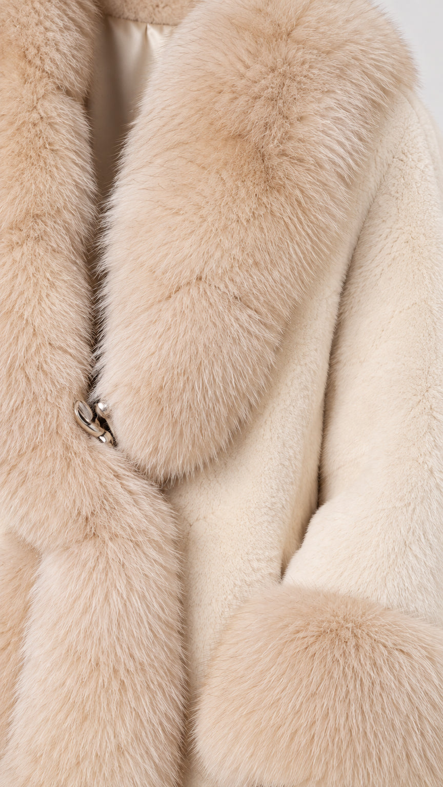 Close-up detail of beige faux fur texture, collar volume, and secure front clasp closure
