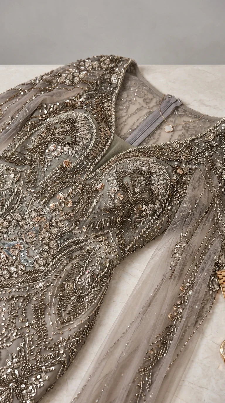 Close-up detail of intricate beadwork, sequins, and sheer mesh fabric