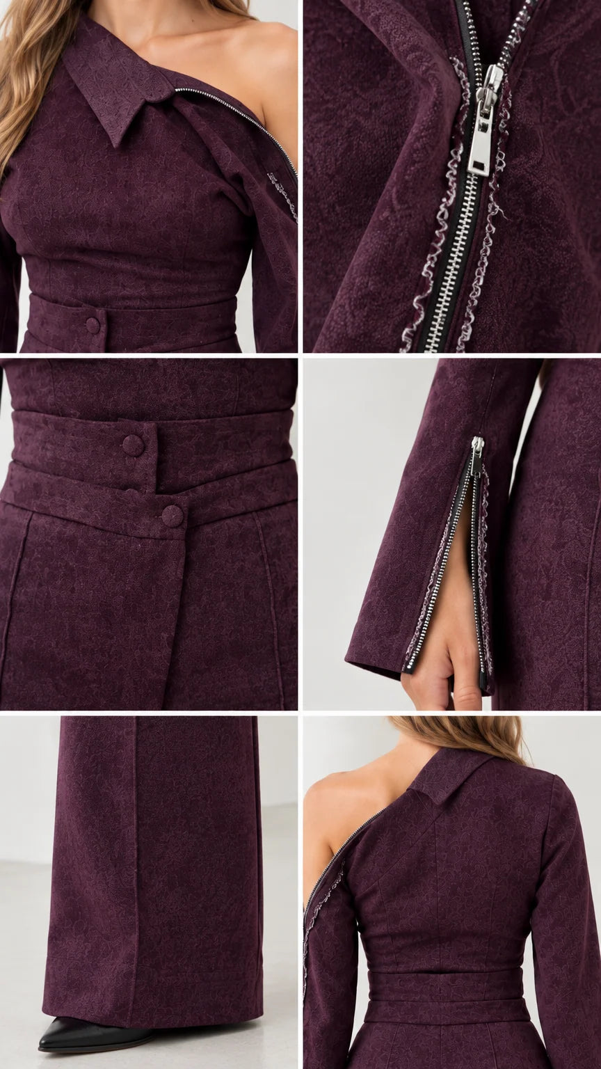 Close-up details of collar zipper, buttoned waistband, and split zipper cuffs