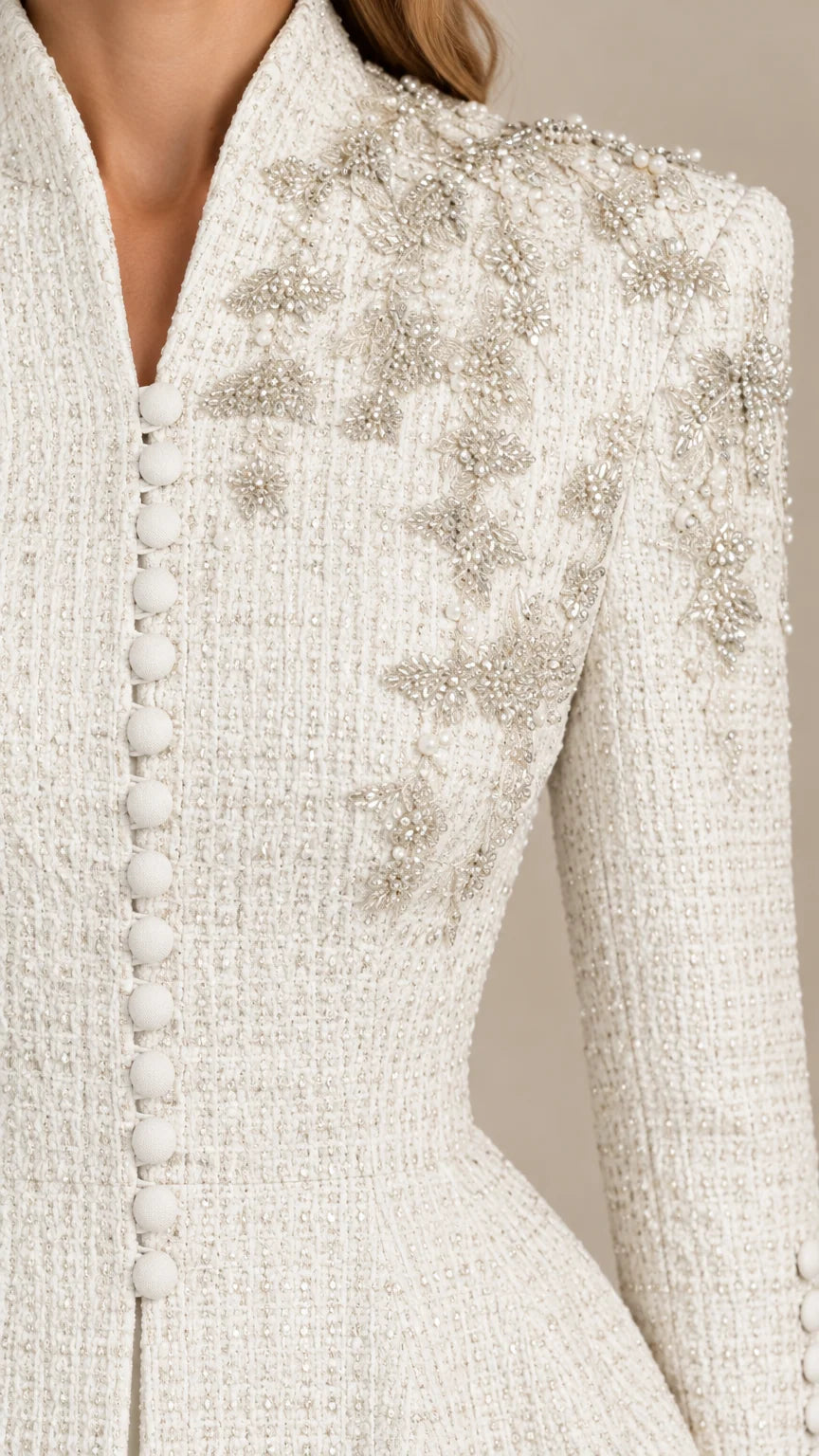 Close-up of intricate shoulder beadwork and fabric buttons on tweed peplum jacket