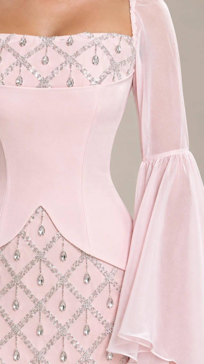 Close-up detail of bodice and crystal lattice beadwork on Blush Pink evening dress