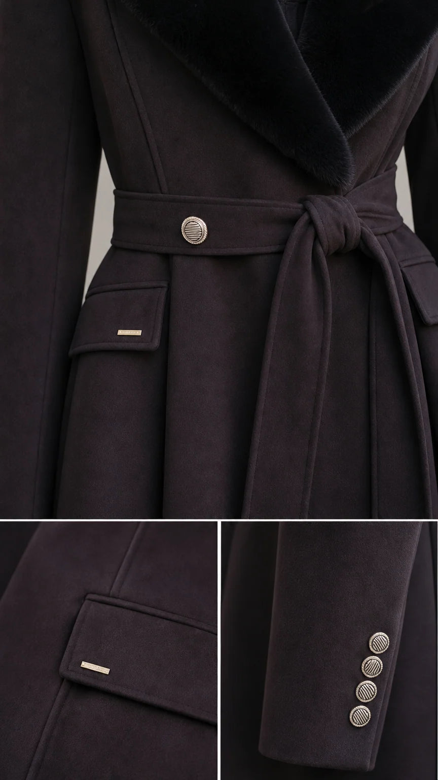 Close-up details of coat fabric, waist button, pocket flap trim, and buttoned sleeve cuffs
