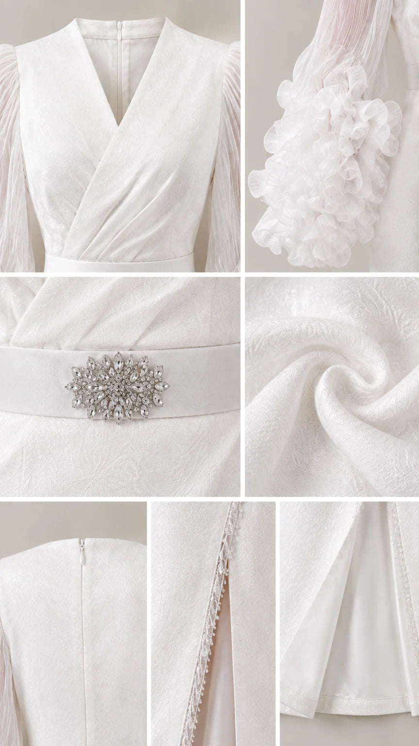 Detailed close-up collage of neckline, ruffle cuff, crystal belt buckle, and slit trim