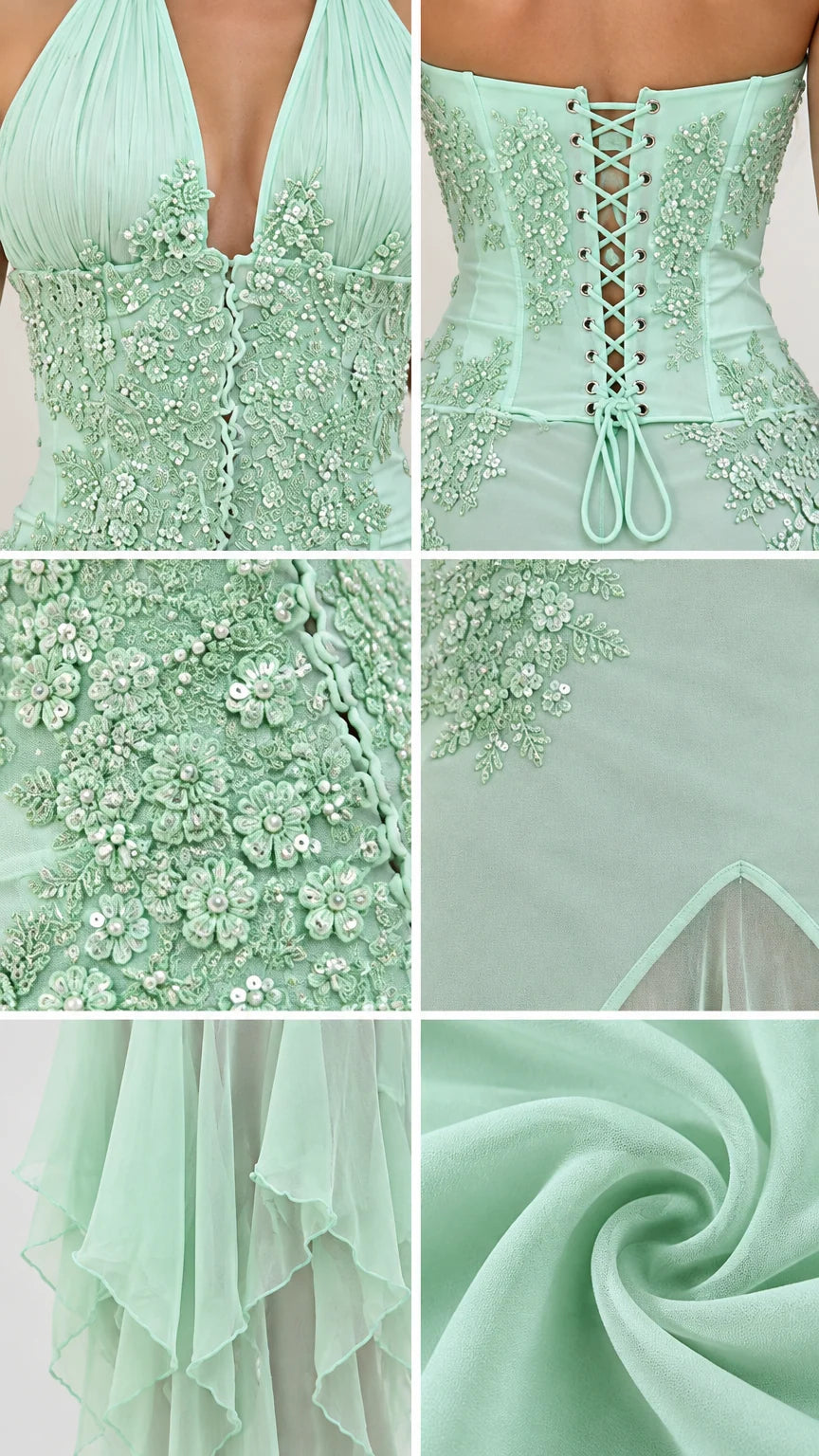 Close-up details of mint green dress showing beaded floral embroidery and fabric texture