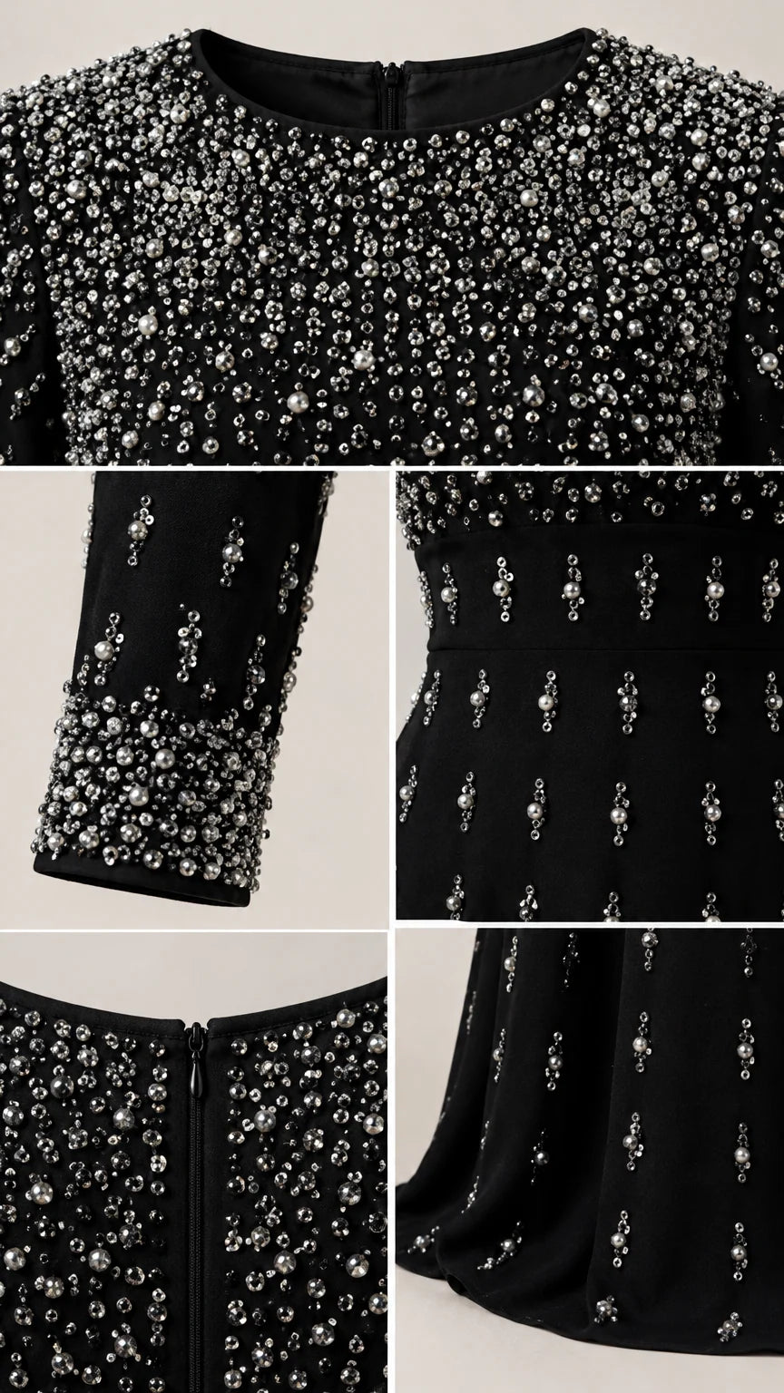 Close-up details of beaded neckline, cuffs, and hem craftsmanship