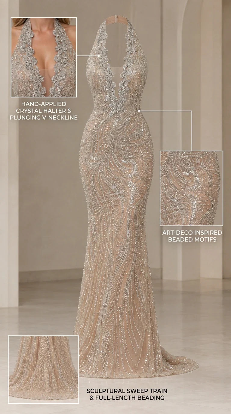 Product detail collage highlighting crystal halter, Art Deco beading, and sweep train