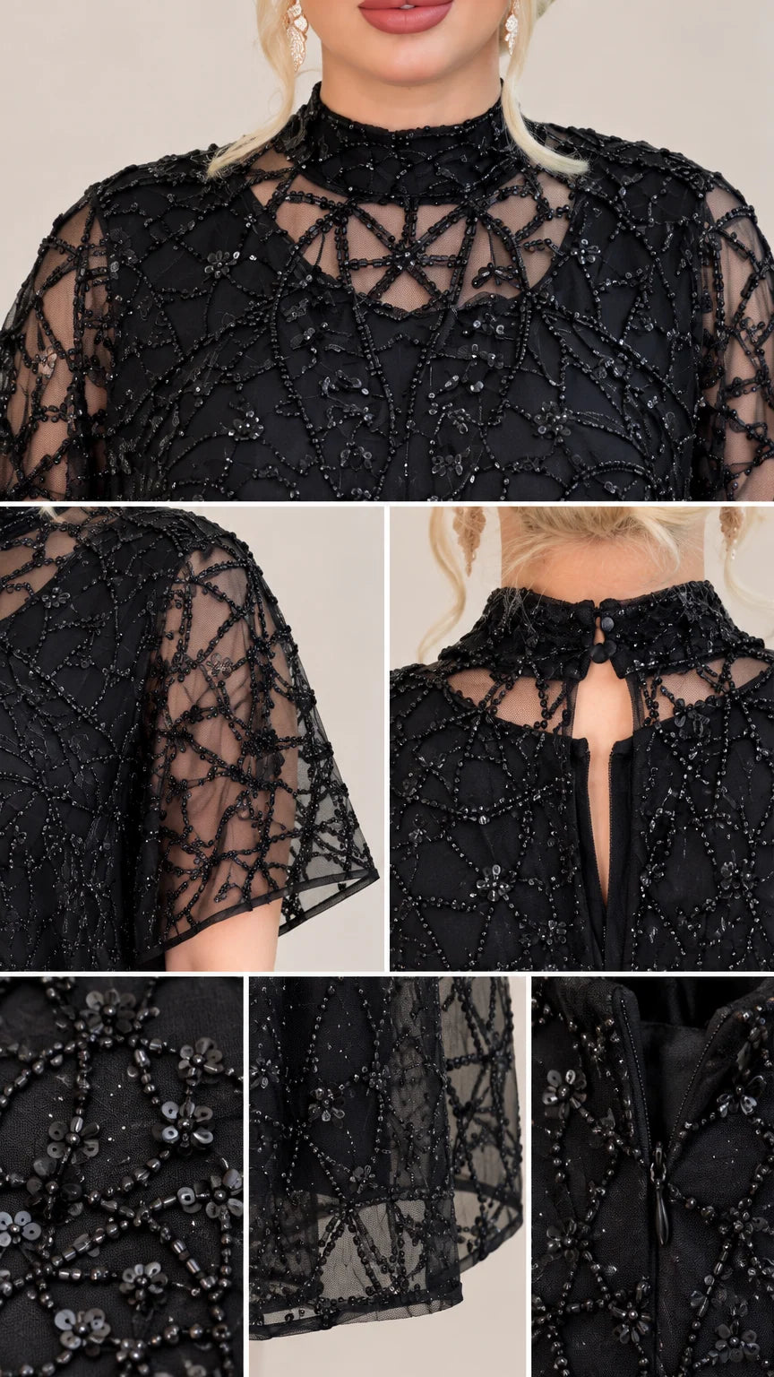 Close-up details of neckline beadwork sheer sleeve and zip closure